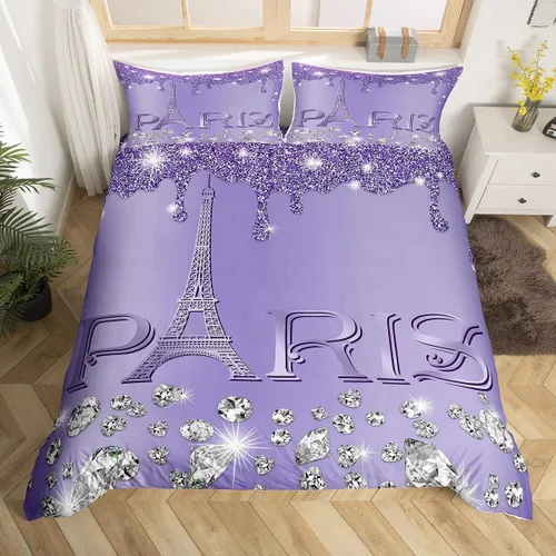 Vista 26 de Erosebridal Funda de edredón de la Torre Eiffel para niñas, juego de ropa de cama romántica de París azul, negro y blanco, funda de edredón