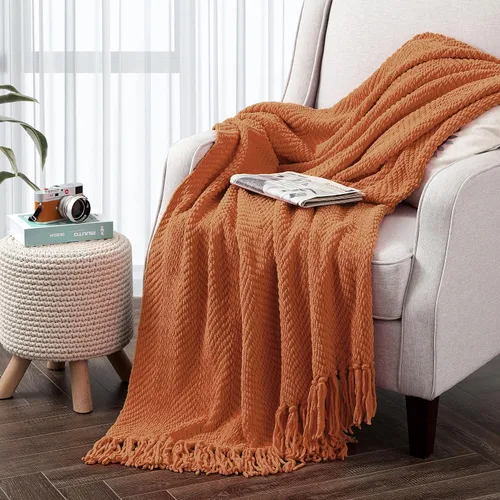 Vista 26 de Manta de punto suave con textura para sofá, manta de tweed crema con borlas de flecos para decoración del hogar, cama, sofá, silla, 50 x 60 Blanco