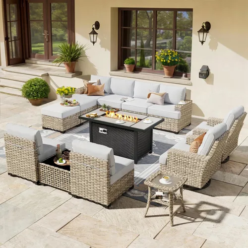 Vista 26 de HOOOWOOO Juego de Muebles Seccionales para Patio al Aire Libre, 6 Piezas Juegos de Conversación de Mimbre Sofá en Forma de L, Sofá Extra Profundo
