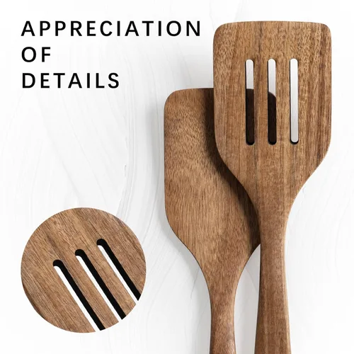Vista 3 de Juego de 2 espátulas de madera para cocinar, espátulas de madera de 12 pulgadas con espátula de madera plana y espátula ranurada, utensilios