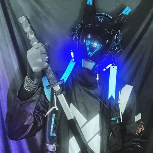 Vista 5 de Cyberpunk - Máscara de ciencia ficción, ropa técnica futurista, disfraz de Halloween, máscara LED, máscara de caballero negro