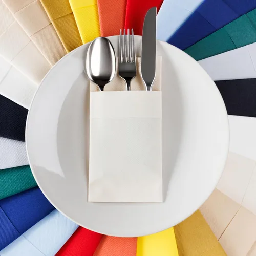 Vista 10 de Servilletas de bolsillo American Homesttead, paquete de 50 unidades, 15.75 x 15.75 pulgadas, papel de lino con tacto airlaid, plegadas con bolsillo