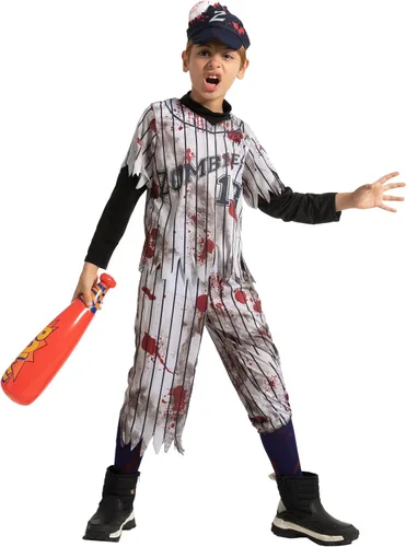 Vista 7 de Spooktacular Creations Disfraces de jugador de béisbol zombi para niños, disfraz de Halloween aterrador para niños, fiestas de Halloween