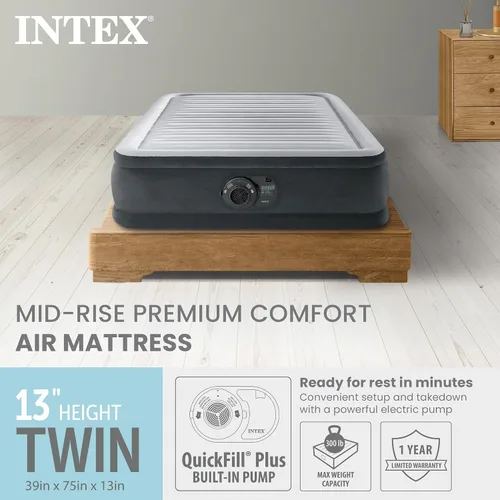 Vista 2 de Intex 67765ED Dura-Beam Deluxe Comfort-Plush Mid-Rise Air Mattress: Fiber-Tech – Tamaño Twin – Bomba eléctrica incorporada – Altura de la cama 33 cm