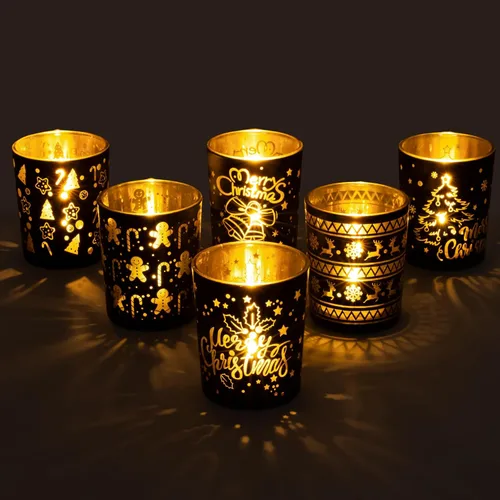 Vista 9 de Portavelas votivas, juego de 3 portavelas de Navidad de cristal negro y dorado, portavelas de té con Papá Noel, reno, patrón de árbol Xmax