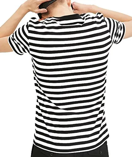 Vista 3 de Camiseta a rayas blancas y negras para hombre, manga corta, cuello redondo, camisetas novedosas, Blanco