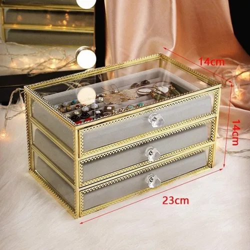 Vista 2 de Joyero de cristal transparente con 3 cajones de terciopelo para aretes, anillos, collares, pulseras, cajas de joyería