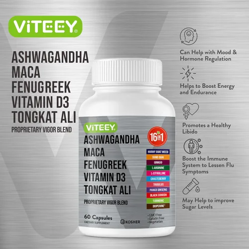 Vista 4 de Viteey Ashwagandha Maca Fenogreco Suplemento con Tongkat Ali - Conduce, pasión y apoyo energético para hombres y mujeres - Apoyo al estado de ánimo