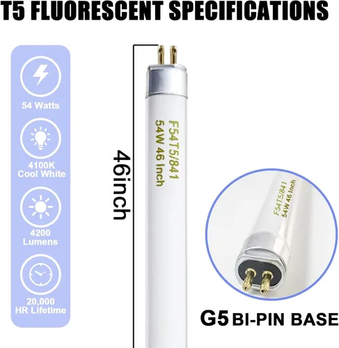 Vista 2 de Konideke F54T5/841/HO 54W T5 HO - Tubo de luz fluorescente T5 de 46 pulgadas, bombilla fluorescente de 54 W, F54T5/841/CW, 4100K blanco frío, 80