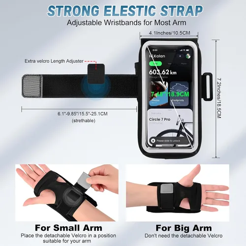 Vista 6 de Brazalete para correr en el antebrazo, resistente al sudor para correr, se adapta a teléfonos de 7 pulgadas Armband cell phone holder with Card