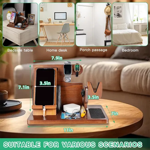 Vista 5 de Organizador de pistola de madera para hombre, soporte para teléfono, cartera, estación de acoplamiento, reloj militar, soporte de noche, soporte