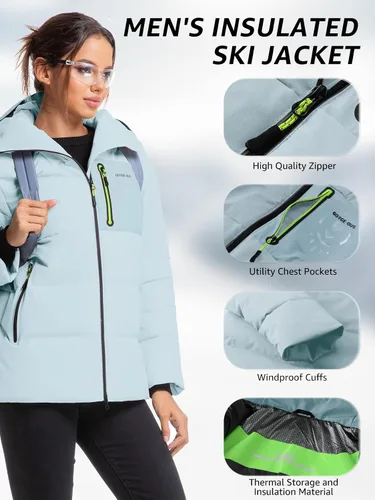 Vista 4 de Chaqueta aislante para mujer, resistente al viento, impermeable, con capucha, para esquí, snowboard, con múltiples bolsillos