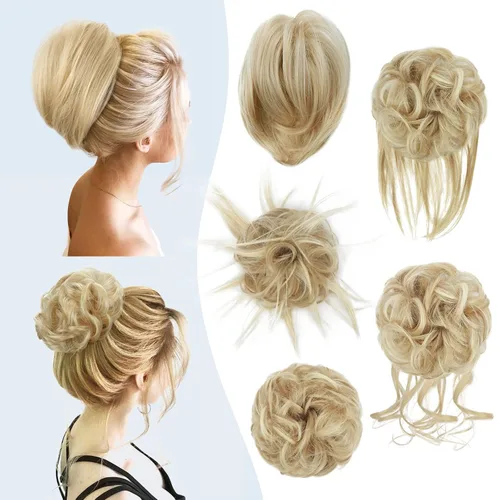 Vista 11 de HMD 5 piezas de moño despeinado para mujer, extensión de cabello con banda de goma elástica, extensión de cabello largo y desordenado, accesorios
