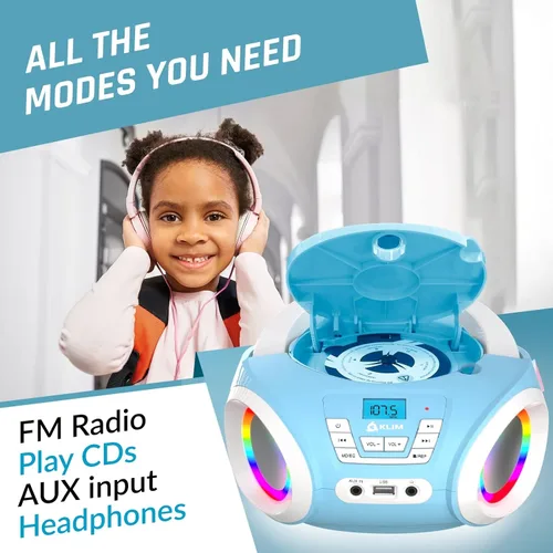 Vista 3 de KLIM Candy Kids - Reproductor de CD para niños, radio FM, incluye baterías, Boombox portátil, reproductor de CD para niños, con altavoces, niños Azul
