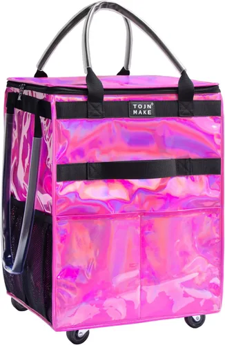 Vista 23 de Bolsa de comestibles reutilizable sobre ruedas, carrito de compras con 8 bolsillos y cubierta con cremallera, bolsa plegable con ruedas, asas