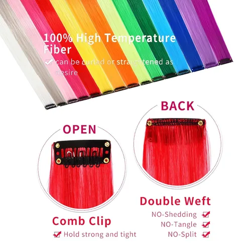 Vista 3 de 13 extensiones de cabello sintético con clip de colores de 20 pulgadas, multicolores, lacio, con clip, para mujer, para regalo, extensiones