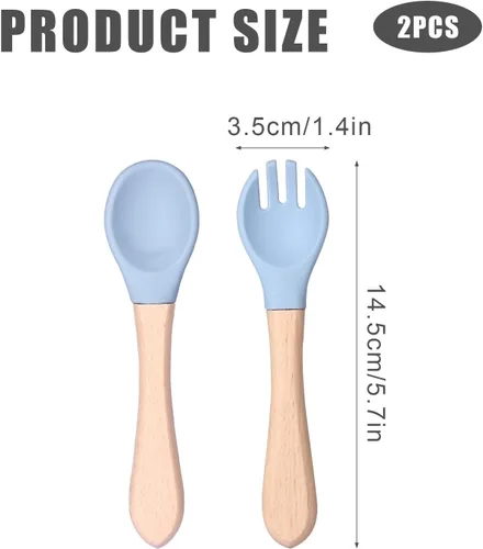 Vista 2 de Juego de tenedor y cuchara de silicona para bebé, 1 tenedor de silicona, 1 cuchara de silicona para bebé, auto alimentación, mango de madera