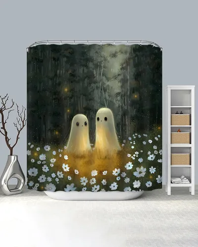 Vista 6 de Lindameler Cortina de ducha de Halloween de tela espeluznante, bonita cortina de baño de fantasma, decoración con 12 ganchos de 72 x 72 pulgadas