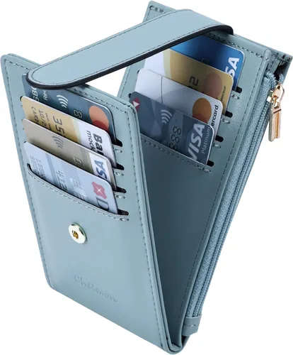 Vista 5 de Chelmon Billetera delgada para mujer, con bloqueo RFID, plegable, con bolsillo con cremallera, Azul, Minimalista