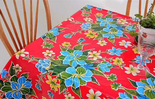 Vista 11 de Alux - Mantel de plástico con flores de hibisco para patios, picnic y mesas de cocina, azul y rojo, vinilo de plástico, mantel de plástico