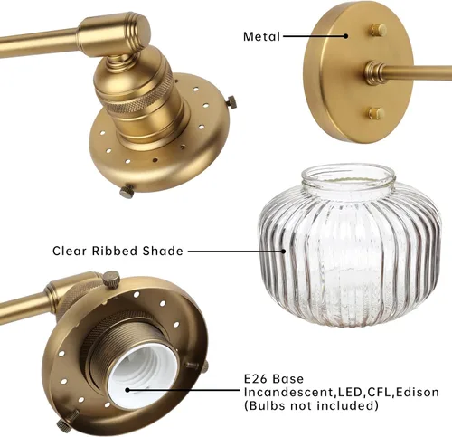 Vista 6 de 2 luces de pared industriales de vidrio, lámpara de pared de latón antiguo con pantalla de globo rayado transparente para tocador de baño