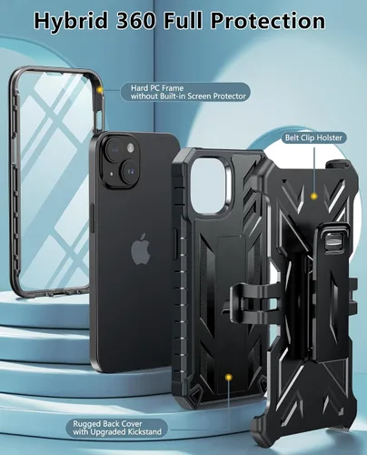 Vista 4 de FNTCASE Funda para iPhone 14/13: con funda de clip para cinturón y soporte, cubierta de protección de grado militar resistente a prueba de golpes