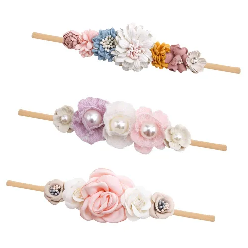 Vista 22 de cherrboll 3 diademas de flores para bebé, súper suaves y elásticas, de nailon, para recién nacidas