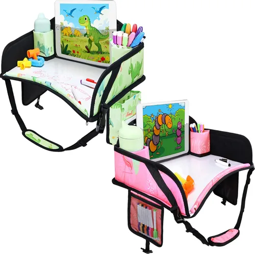 Vista 14 de 2 piezas Bandeja de viaje para niños, bandeja para asiento de coche para niños Viaje, Esenciales de viaje en carretera para niños con kit de dibujo