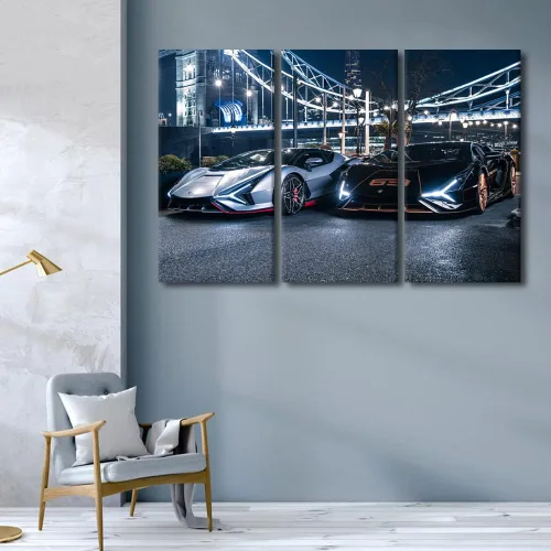 Vista 130 de Arte de pared de auto deportivo rojo para sala de estar, arte de pared de lienzo de súper auto genial, imágenes pósters, 3 piezas, arte moderno