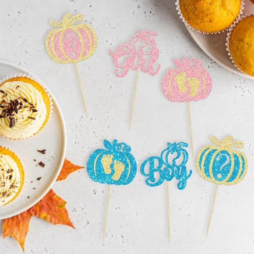 Vista 3 de 24 adornos para cupcakes de calabaza para niños o niñas con purpurina para revelación de género, decoración para cupcakes de calabaza, pies