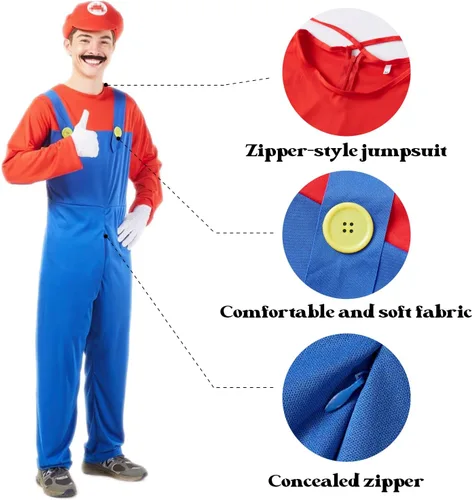 Vista 2 de Disfraz de Halloween para hombre adulto, traje de fontanero para cosplay con sombrero, guantes, bigote, accesorios
