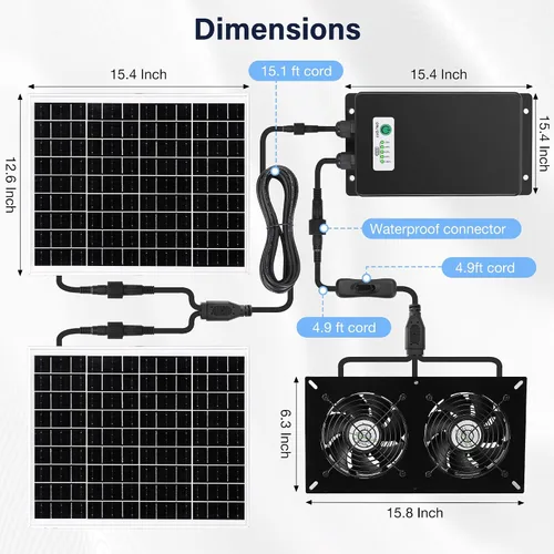 Vista 2 de Kit de 2 ventiladores solares con batería de 66.6 Wh, panel solar de 50 W, ventiladores recargables resistentes a la intemperie para gallinero