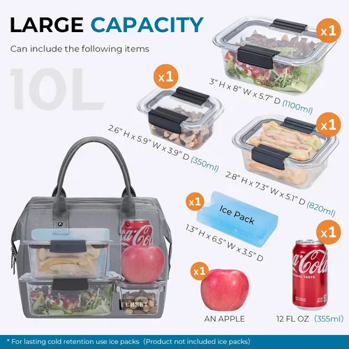 Vista 3 de ECHSRT Lonchera grande aislada para mujeres y hombres, a prueba de fugas, para el trabajo, viajes, adultos, lonchera térmica para oficina, 10 L, Gris