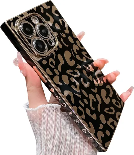 Vista 10 de Elegante Compatible con iPhone 12 Funda de Borde Rectangular, Lindo Patrón de Leopardo de Lujo Funda con Plateado Protector de Cámara TPU Suave A