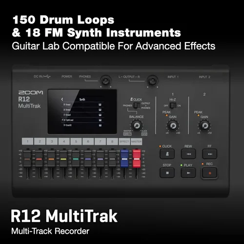 Vista 3 de Zoom R12 MultiTrak Grabadora Digital Portátil y Superficie de Control 2 entradas Xlr y Trs, graba 2/reproduce 8 pistas, interfaz de audio USB-C