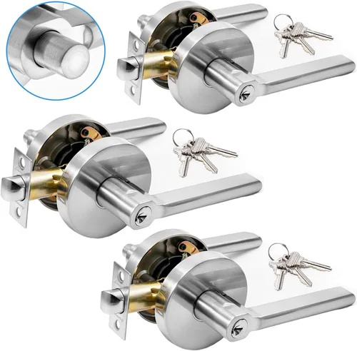 Vista 12 de Cerradura de palanca de apertura de un solo toque con llaves (níquel cepillado) Push Button Locking, ADA, Hands-Free Unlock Handle, Fits Left &