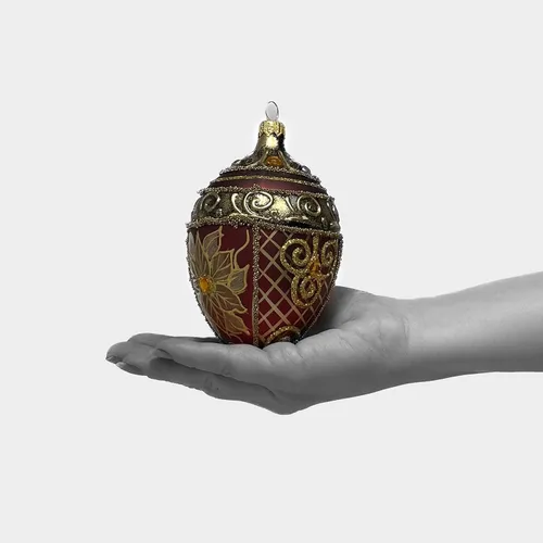 Vista 7 de Fabergé Huevo - Adorno para árbol de Navidad de vidrio soplado de 5 pulgadas, diseño de flor de pascua, color borgoña mate, 5 pulgadas