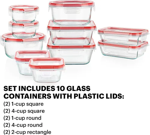 Vista 3 de Pyrex Freshlock - Juego de 10 recipientes de vidrio herméticos para almacenamiento de alimentos de tamaños variados, sin tóxicos, con tapas
