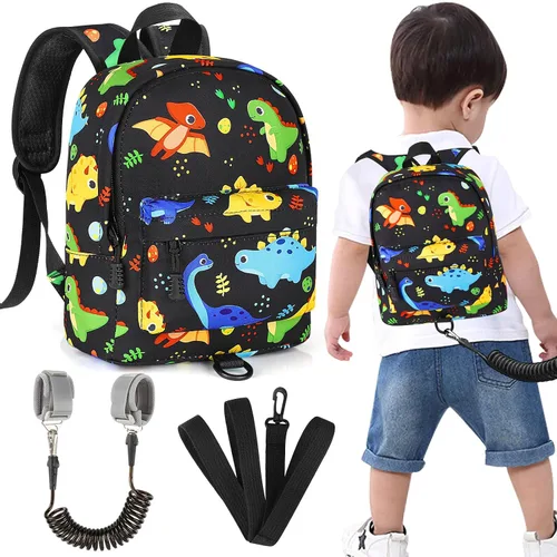 Vista 17 de Accmor Arnés de mochila de dinosaurio para bebés con correa para niños pequeños con eslabón de muñeca antipérdida, bonita bolsa de guardería