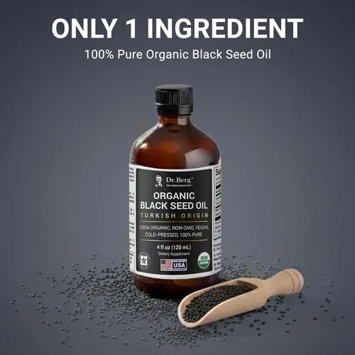 Vista 3 de Dr. Berg Aceite de Semilla Negra Orgánico Prensado en Frío – Puro Aceite de Nigella Sativa de Comino Negro – USDA Orgánico, Halal, Vegano