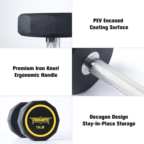 Vista 3 de ToughFit Decagon - Juego de mancuernas negras con revestimiento PEV, pesas libres con mango de hierro moleteado antideslizante en pares