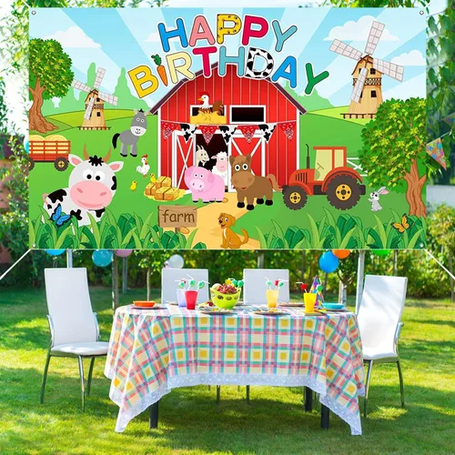 Vista 5 de Fondo de fotografía de animales de granja, puerta de granero, color rojo, para baby shower y suministros de fiesta de cumpleaños de niños, 72.8 x