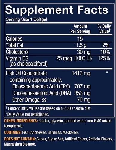 Vista 2 de Vthrive Aceite de pescado omega-3 premium con vitamina D3 - Apoya la salud cardiovascular - 1,060 EPA/DHA (120 cápsulas blandas)