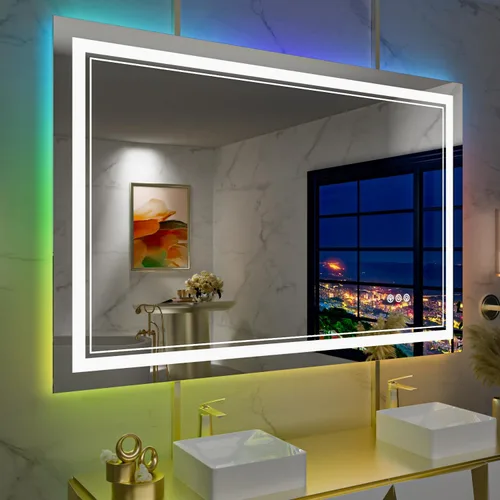 Vista 27 de Espejo de baño LED de 24 x 28 pulgadas, luz frontal y retroiluminada, antiniebla, regulable, espejo de tocador iluminado con memoria, espejo LED