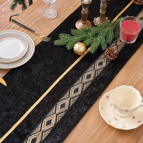 Vista 3 de Camino de mesa, lujo de lentejuelas de terciopelo con tira de plumas doradas con purpurina, cocina de temporada, comedor, decoración del hogar