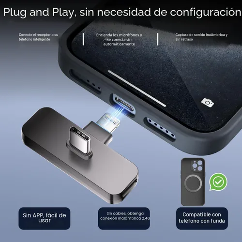 Vista 3 de Paquete de 2 mini micrófonos inalámbricos de solapa Lavalier para iPhone, Android (2 en 1) Microphone for Content Creators, 65ft Clip on Dual Mics