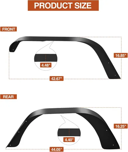 Vista 5 de KYBOLT 4 guardabarros planos delanteros y traseros para Jeep Wrangler YJ 1987-1995, revestimiento de rueda de acero metálico todoterreno, negro