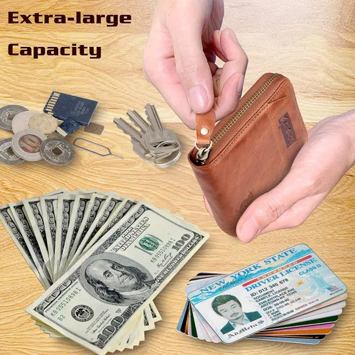 Vista 34 de Admetus - Cartera de piel auténtica para hombre con cremallera, plegable
