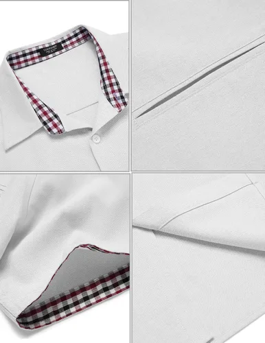 Vista 5 de COOFANDY Camisa de vestir Oxford de manga corta para hombre, camisa de trabajo con botones de cambray, camisas casuales con cuello a cuadros