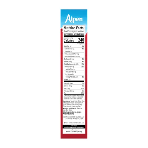 Vista 6 de Alpen Muesli Cereal original, cereal saludable para el corazón con copos de trigo, avena enrollada, nueces y pasas, proyecto verificado sin OMG
